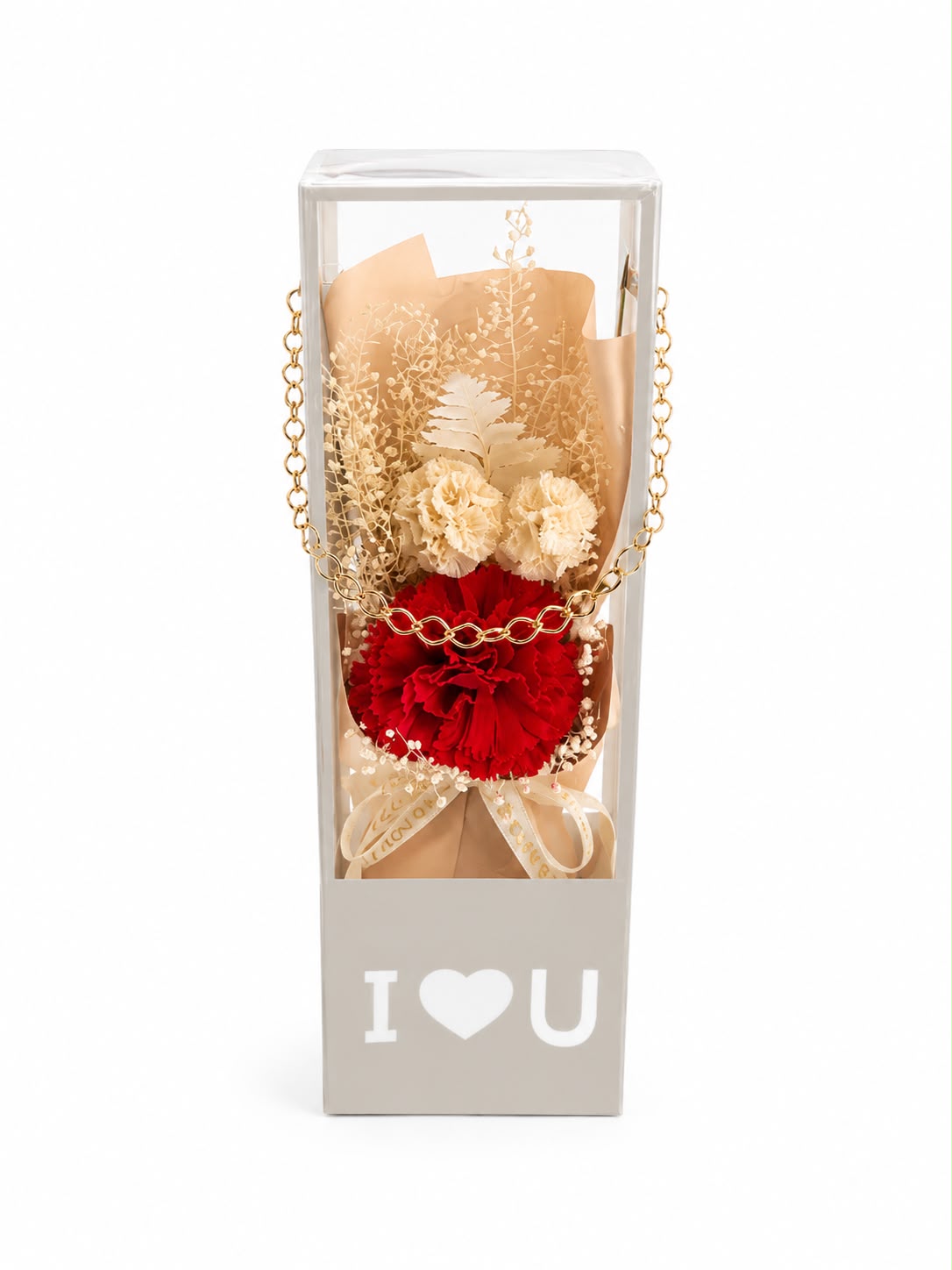 I Love You Kutuda Kırmızı ve Krem Solmayan Çiçek Aranjmanı