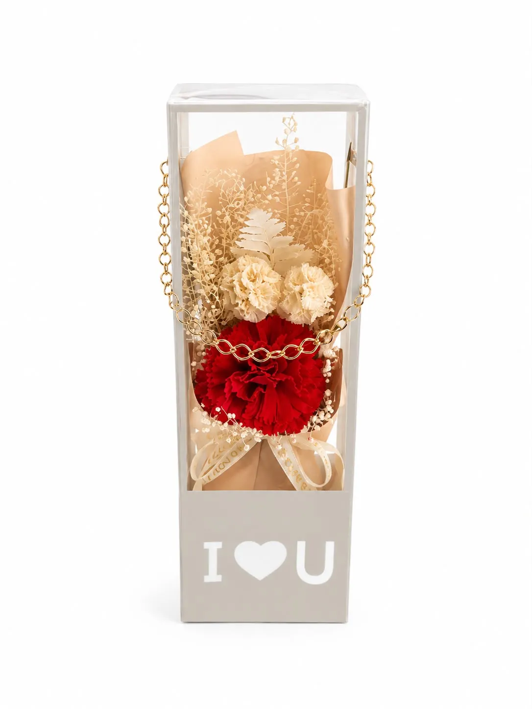 I Love You Kutuda Kırmızı ve Krem Solmayan Çiçek Aranjmanı