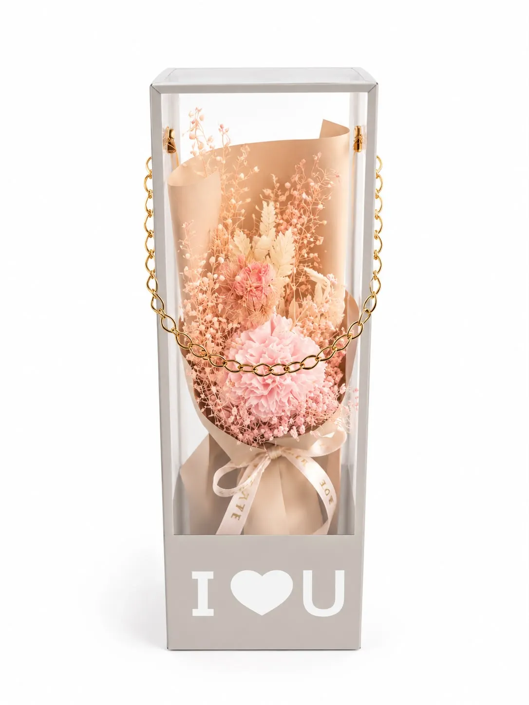 I Love You Kutuda Pastel Pembe Solmayan Çiçek Aranjmanı
